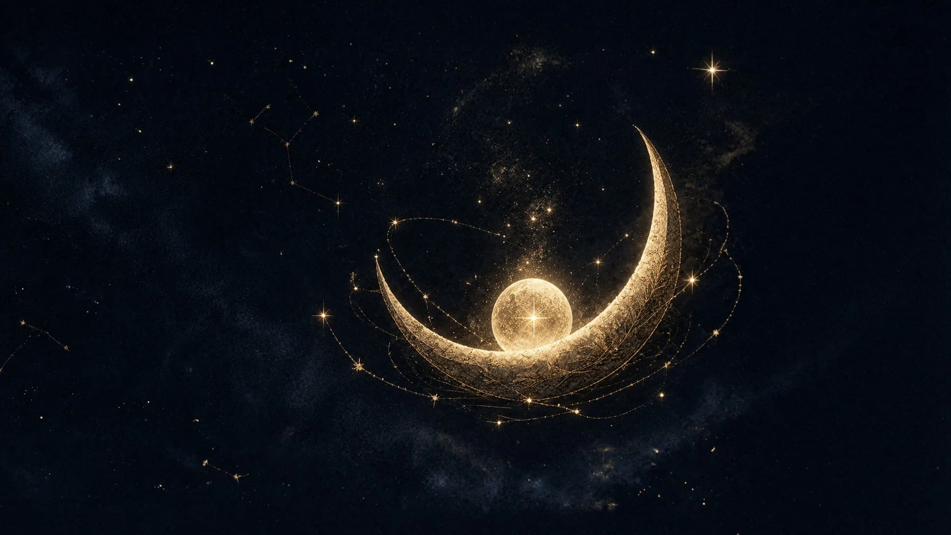 A glowing golden sphere cradled in the curve of a crescent moon among stars and golden threads.