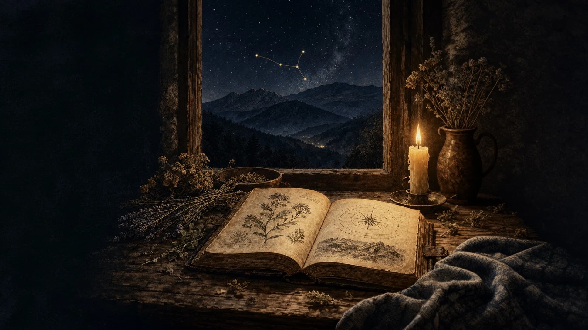 Отворена стара книга, запалена свещ и сушени билки на дървена маса до прозорец към планина под звездите.