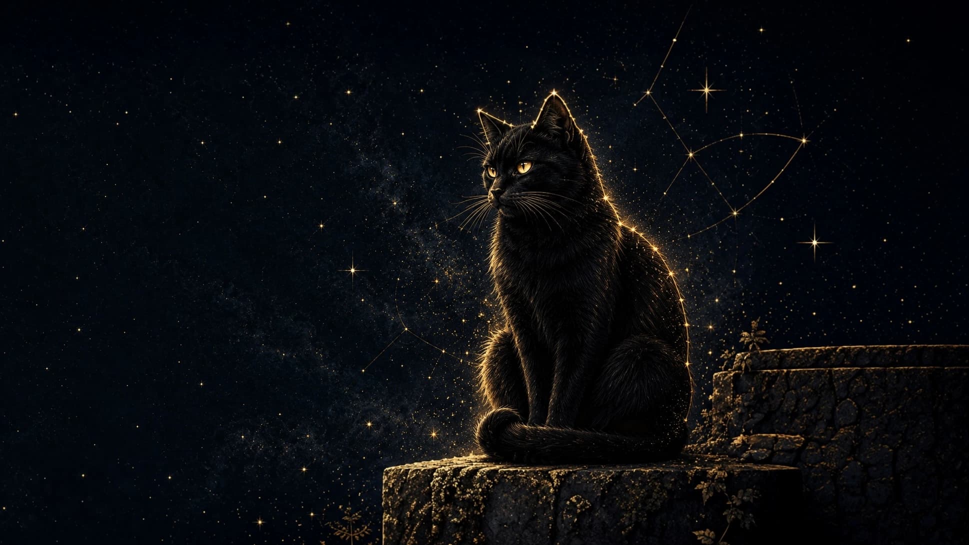 A black cat with golden eyes sitting on a stone under a starry sky, outlined in light.