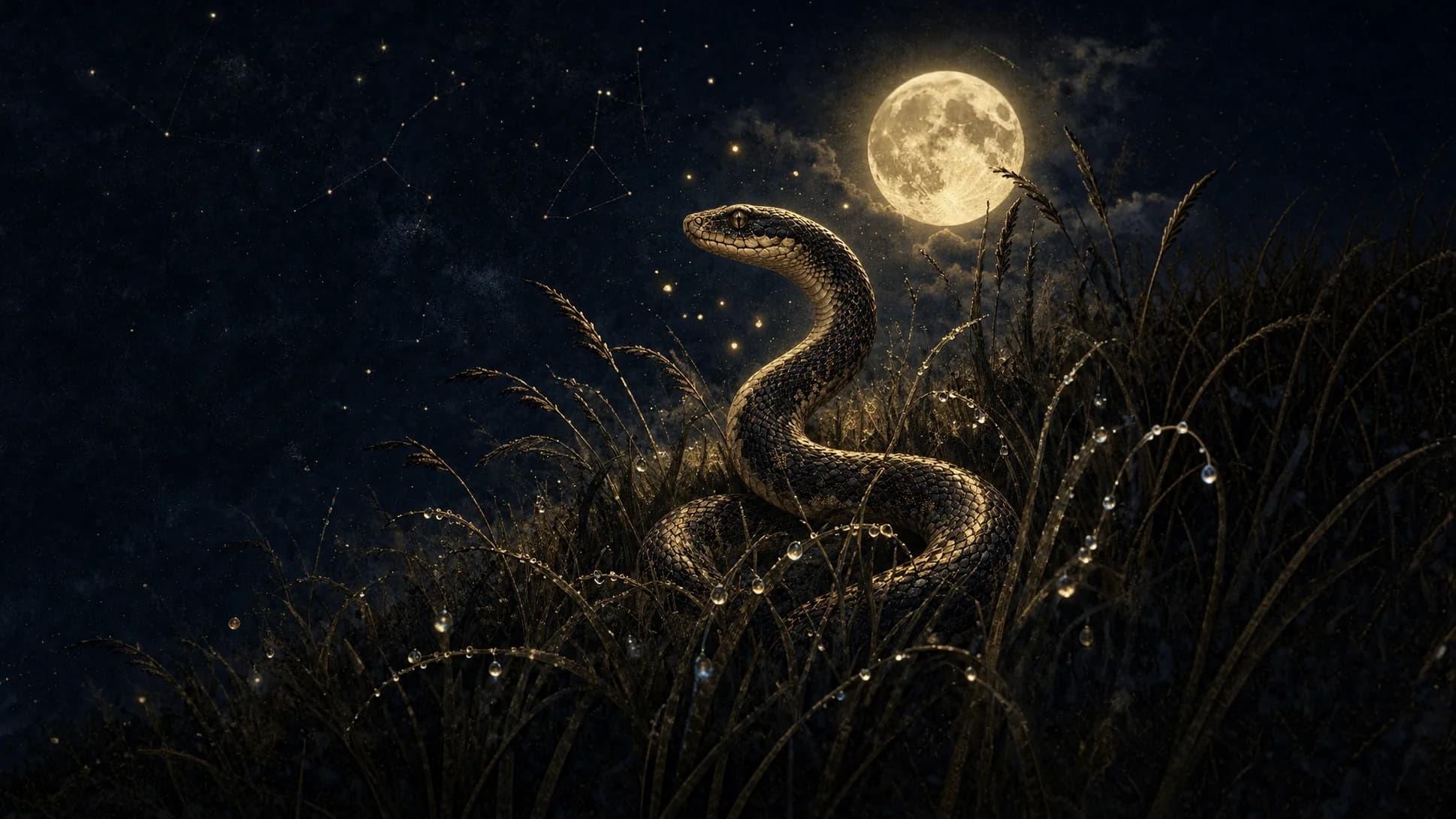 A snake with its head raised, coiled in tall grass under a full moon.